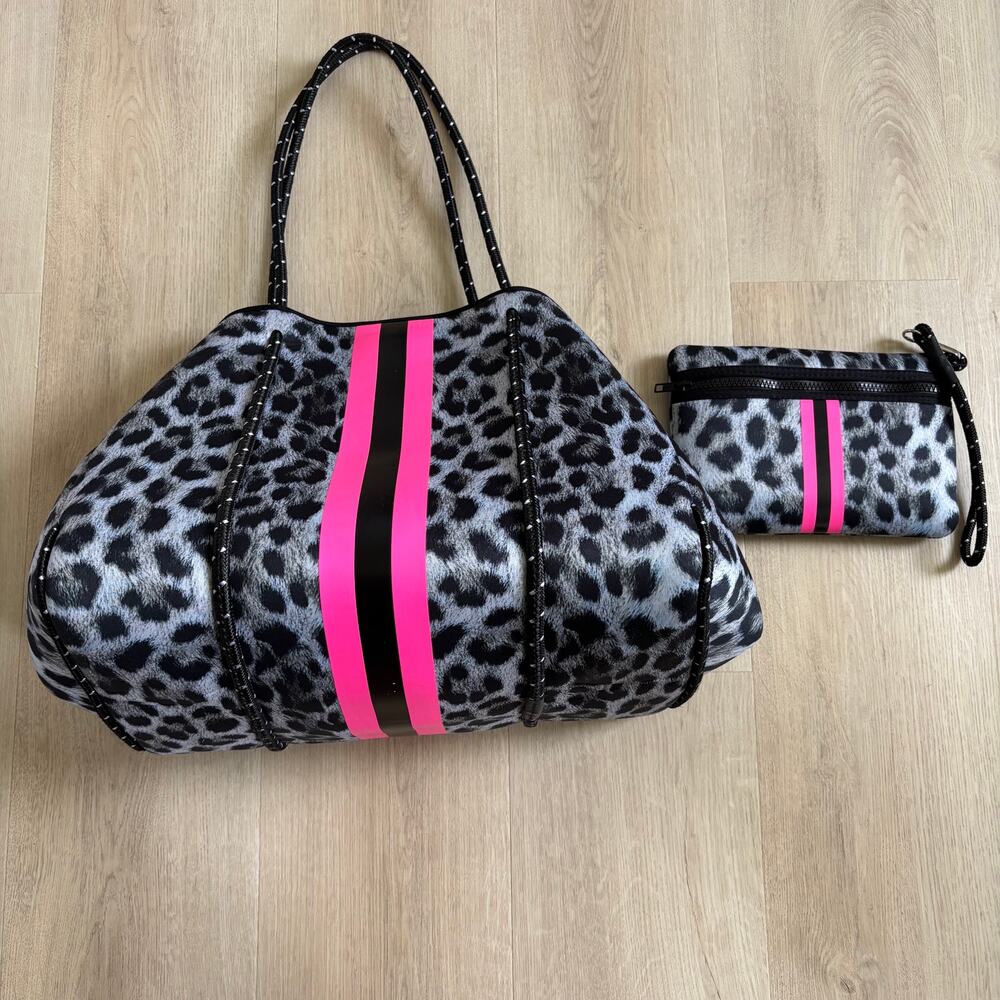 Haute Shore Greyson EUC Neoprene Tote Bag & Wristlet Grey Leopard Pink Stripes